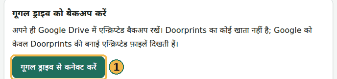 वेबसाइट पर आपका डेटा, Back up to Google Drive कार्ड: गूगल ड्राइव से कनेक्ट करें बटन (1)