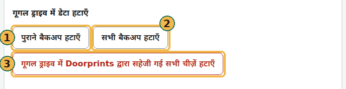 हटाने के स्तर: पुराने बैकअप हटाएँ (1), सभी बैकअप हटाएँ (2) और गूगल ड्राइव में Doorprints द्वारा सहेजी गई सभी चीज़ें हटाएँ (3)