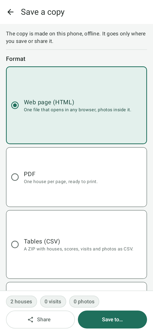 Save a copy on Android: format choices Web page (HTML), PDF and Tables (CSV), the counts, and Share and Save to buttons