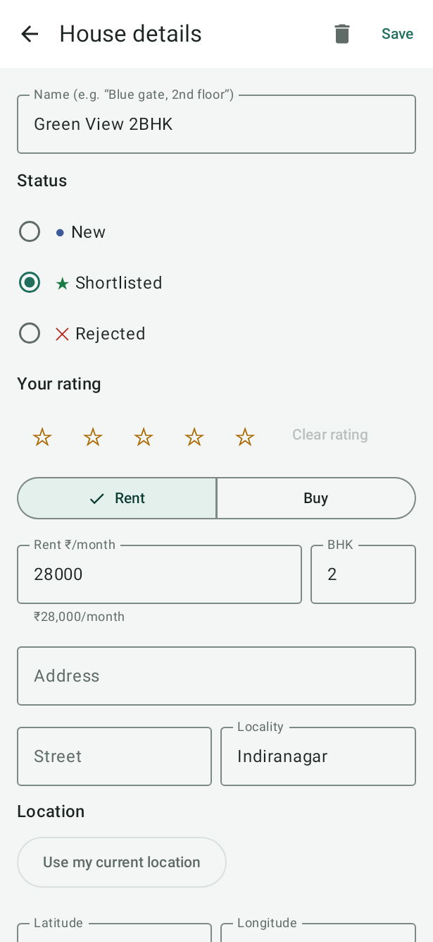 House details on Android: name, status Shortlisted, rating, Rent or Buy, rent 28000, BHK 2, locality Indiranagar, and Use my current location