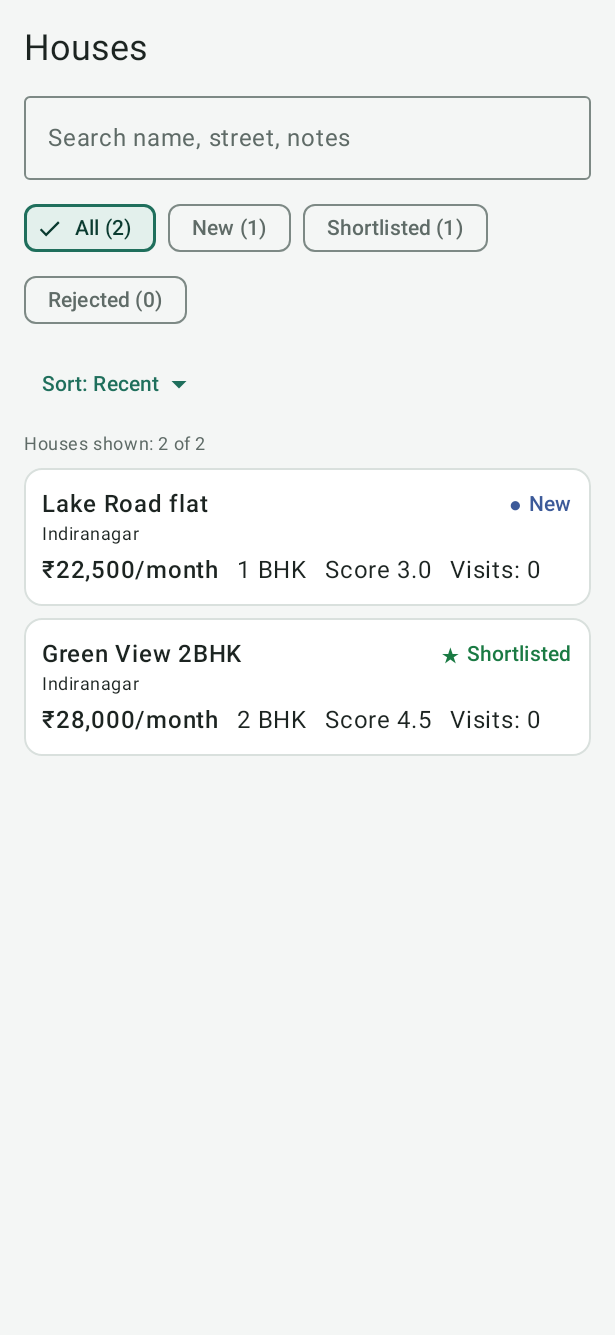 The Android Houses tab with a search box, the status chips All, New, Shortlisted and Rejected, Sort: Recent, and two sample houses