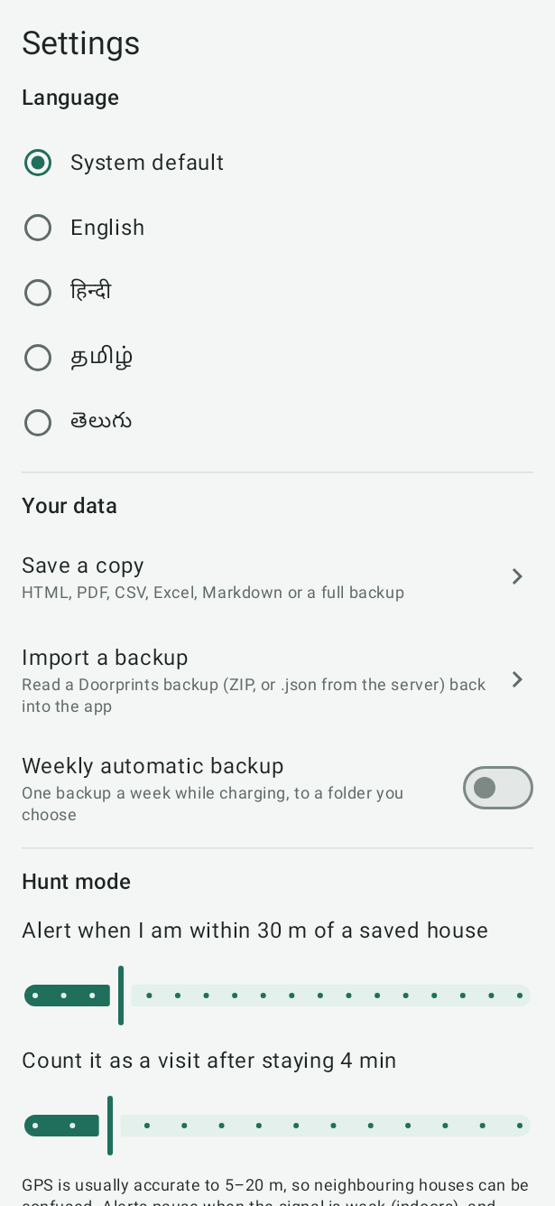 Android Settings: Language choices, then Your data with Save a copy, Import a backup and Weekly automatic backup, then Hunt mode settings