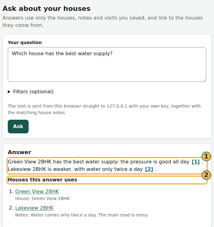 Ask on the website, example answer: the question "Which house has the best water supply?" is answered from two saved houses, with numbered links to Green View 2BHK and Lakeview 2BHK