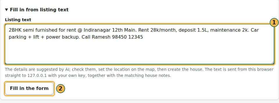 Fill in from listing text on the website, before: a WhatsApp-style ad is pasted into the Listing text box, with the Fill in the form button below it