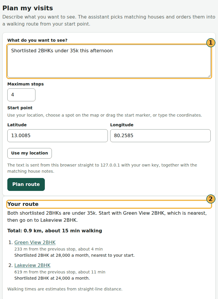 Plan on the website, example answer: a request for shortlisted 2BHKs under 35k gives a two-stop route, Green View 2BHK then Lakeview 2BHK, with the distance and walking time of each leg