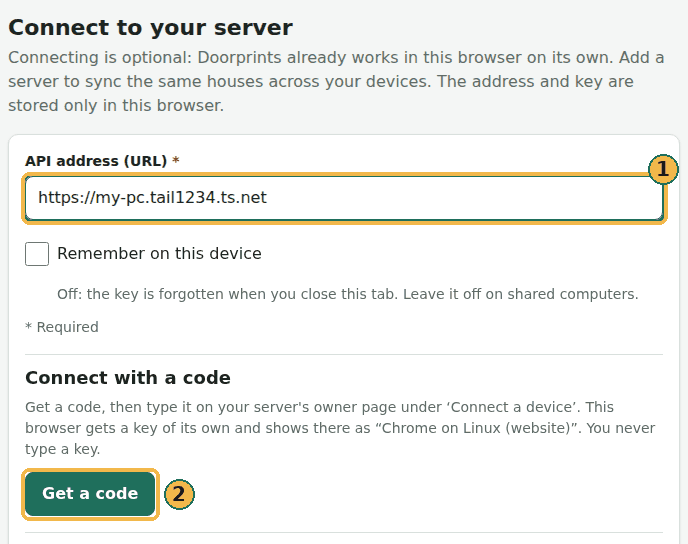 The website's Connect page: the example address https://my-pc.tail1234.ts.net typed under API address (URL) (1), then the Get a code button (2)