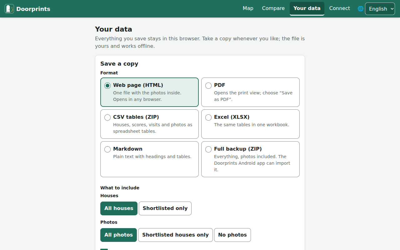 Your data on the website: Save a copy with six formats, Web page (HTML) chosen, and What to include below