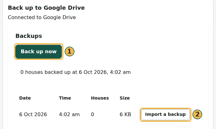 The connected Google Drive card: Back up now (1) and a backup in the list with its Import a backup button (2)