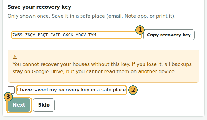 The recovery key shown once: the key (1), the tick box to confirm it is saved (2) and Next (3). The key in the picture comes from a practice Drive and opens nothing