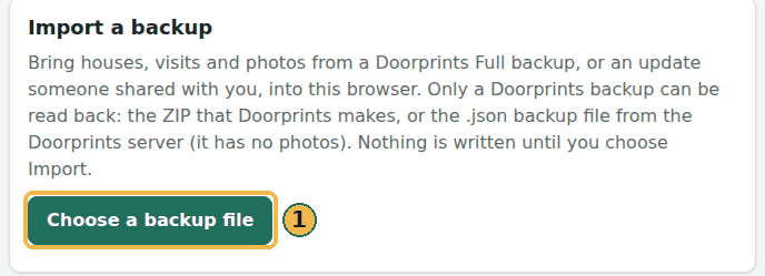 Your data on the website, the Import a backup card: the Choose a backup file button (1)