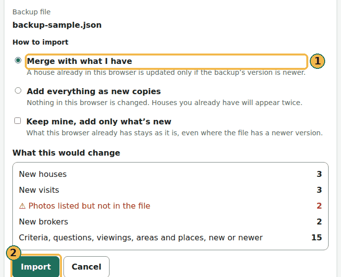 The preview after choosing a file: the choice between Merge with what I have and Add everything as new copies (1), What this would change with its counts, and the Import button (2). The file here is the sample backup