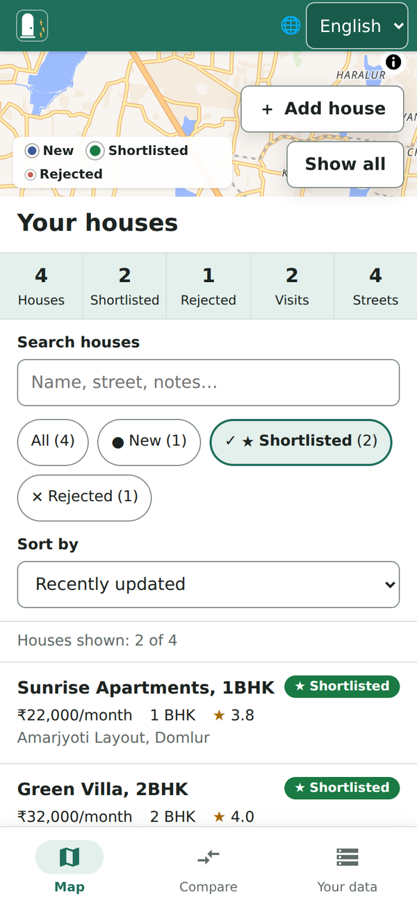 The house list on a phone with the Shortlisted filter chosen: two shortlisted houses shown of four