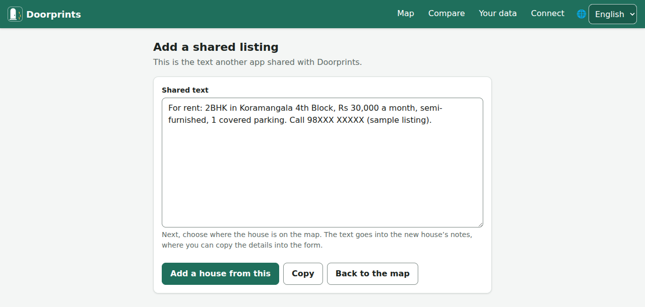 Add a shared listing on the website: the shared ad text, with Add a house from this, Copy and Back to the map