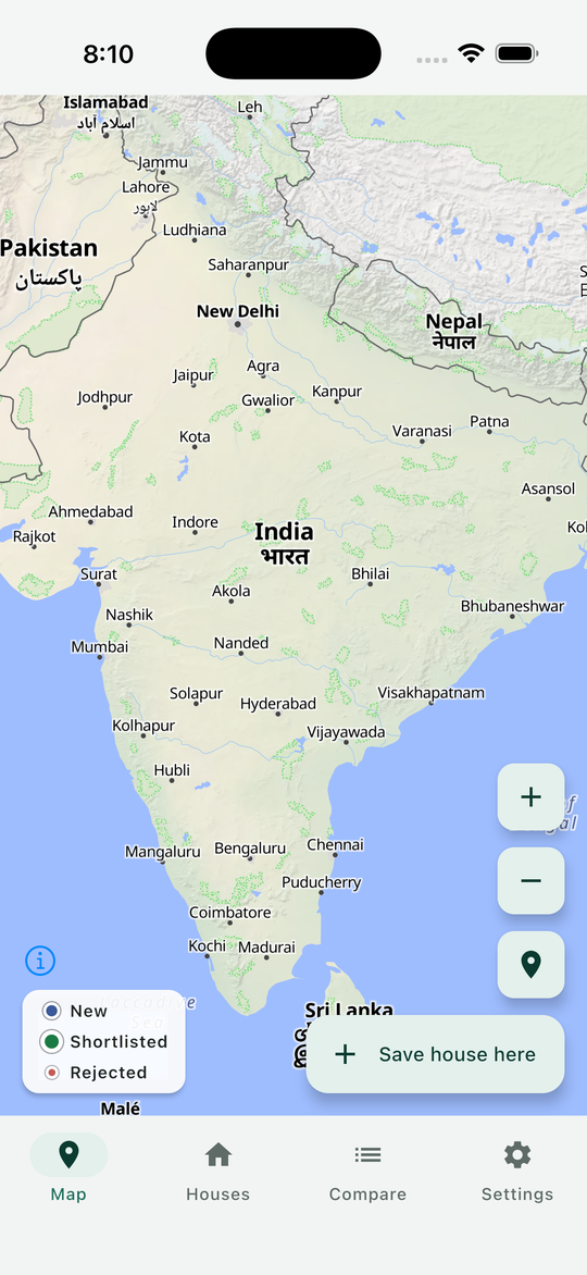 iPhone యాప్ మ్యాప్: నగరాల పేర్లతో భారతదేశం, జూమ్, నా స్థానం బటన్‌లు, ఇక్కడ ఇల్లు సేవ్ చేయండి, సూచిక (కొత్తది, ఎంపికైంది, తిరస్కరించబడింది), నాలుగు ట్యాబ్‌లు