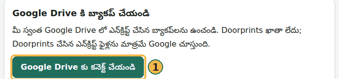 వెబ్సైట్లో మీ డేటా, Back up to Google Drive కార్డ్: Google Drive కు కనెక్ట్ చేయండి బటన్ (1)