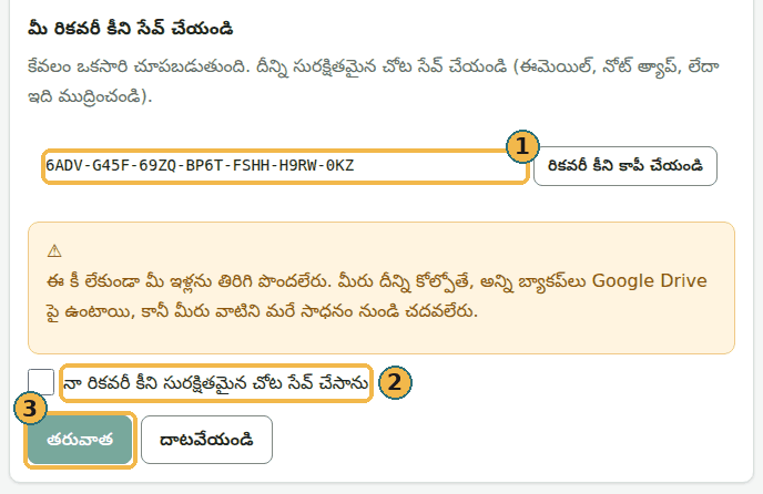ఒక్కసారి చూపే రికవరీ కీ: కీ (1), సేవ్ చేసినట్లు నిర్ధారించే టిక్ బాక్స్ (2) మరియు తరువాత (3). చిత్రంలోని కీ ప్రాక్టీస్ Drive నుండి వచ్చింది; అది దేన్నీ తెరవదు