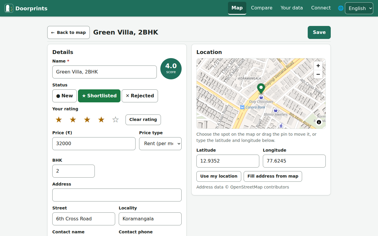 వెబ్సైట్లో సేవ్ చేసిన ఇల్లు: Green Villa, 2BHK, స్థితి ఎంపికైంది, నాలుగు స్టార్లు, స్కోర్ 4.0, అద్దె 32000, చిన్న మ్యాప్లో దాని చోటు